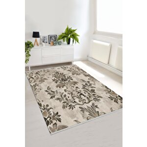 Pamuk Dokuma Taban Halı – Krem; Kahverengi – Damask Desen, Eskitilmiş Görünümlü Tasarım, Makinede Yıkanabilir, Kolay Temizlenebilir, Toz Ve Tüy Tutmaz, Kaymaz, Evcil Hayvan Dostu