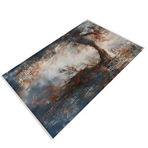 Oturma Odası Halısı – Lacivert; Turuncu – Doğa Manzara Desen, Makinede Yıkanabilir, Kolay Temizlenebilir, Toz Ve Tüy Tutmaz, Kaymaz, Evcil Hayvan Dostu 160x230 cm