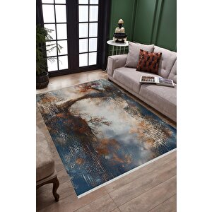 Oturma Odası Halısı – Lacivert; Turuncu – Doğa Manzara Desen, Makinede Yıkanabilir, Kolay Temizlenebilir, Toz Ve Tüy Tutmaz, Kaymaz, Evcil Hayvan Dostu 160x230 cm