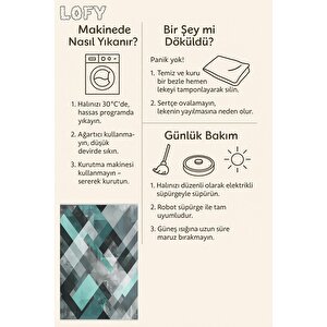 Pamuk Dokuma Taban Halı – Siyah; Gri; Yeşil – Geometrik Desen, Makinede Yıkanabilir, Kolay Temizlenebilir, Toz Ve Tüy Tutmaz, Kaymaz, Evcil Hayvan Dostu