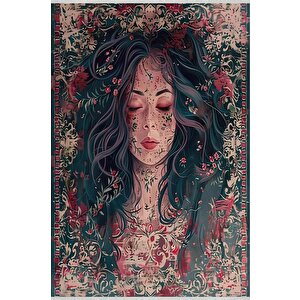 Oturma Odası Halısı – Koyu Yeşil; Kırmızı – Sanatsal Portre Desen, Makinede Yıkanabilir, Kolay Temizlenebilir, Toz Ve Tüy Tutmaz, Kaymaz, Evcil Hayvan Dostu 160x350 cm