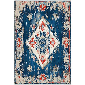 Pamuk Dokuma Taban Halı – Lacivert; Kırmızı; Krem – Eskitilmiş Görünümlü Geleneksel Desen, Makinede Yıkanabilir, Kolay Temizlenebilir, Toz Ve Tüy Tutmaz, Kaymaz, Evcil Hayvan Dostu 200x270 cm