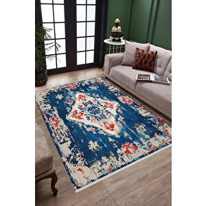 Pamuk Dokuma Taban Halı – Lacivert; Kırmızı; Krem – Eskitilmiş Görünümlü Geleneksel Desen, Makinede Yıkanabilir, Kolay Temizlenebilir, Toz Ve Tüy Tutmaz, Kaymaz, Evcil Hayvan Dostu 200x270 cm