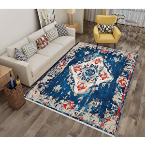 Pamuk Dokuma Taban Halı – Lacivert; Kırmızı; Krem – Eskitilmiş Görünümlü Geleneksel Desen, Makinede Yıkanabilir, Kolay Temizlenebilir, Toz Ve Tüy Tutmaz, Kaymaz, Evcil Hayvan Dostu 200x270 cm