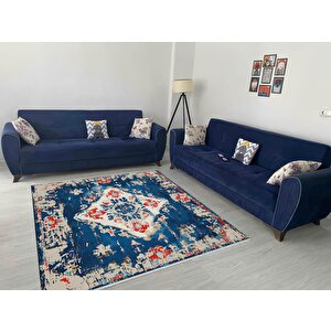 Pamuk Dokuma Taban Halı – Lacivert; Kırmızı; Krem – Eskitilmiş Görünümlü Geleneksel Desen, Makinede Yıkanabilir, Kolay Temizlenebilir, Toz Ve Tüy Tutmaz, Kaymaz, Evcil Hayvan Dostu