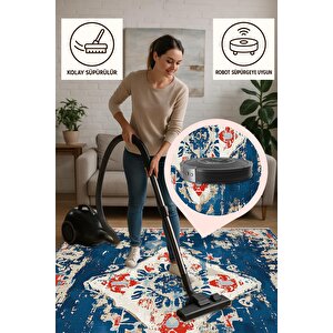 Pamuk Dokuma Taban Halı – Lacivert; Kırmızı; Krem – Eskitilmiş Görünümlü Geleneksel Desen, Makinede Yıkanabilir, Kolay Temizlenebilir, Toz Ve Tüy Tutmaz, Kaymaz, Evcil Hayvan Dostu