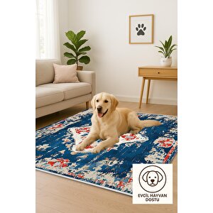 Pamuk Dokuma Taban Halı – Lacivert; Kırmızı; Krem – Eskitilmiş Görünümlü Geleneksel Desen, Makinede Yıkanabilir, Kolay Temizlenebilir, Toz Ve Tüy Tutmaz, Kaymaz, Evcil Hayvan Dostu