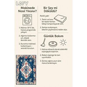 Pamuk Dokuma Taban Halı – Lacivert; Kırmızı; Krem – Eskitilmiş Görünümlü Geleneksel Desen, Makinede Yıkanabilir, Kolay Temizlenebilir, Toz Ve Tüy Tutmaz, Kaymaz, Evcil Hayvan Dostu