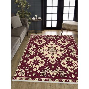 Pamuk Dokuma Taban Halı – Krem; Kırmızı – Geleneksel Desen, Makinede Yıkanabilir, Kolay Temizlenebilir, Toz Ve Tüy Tutmaz, Kaymaz, Evcil Hayvan Dostu 180x200 cm