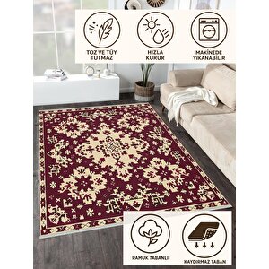 Pamuk Dokuma Taban Halı – Krem; Kırmızı – Geleneksel Desen, Makinede Yıkanabilir, Kolay Temizlenebilir, Toz Ve Tüy Tutmaz, Kaymaz, Evcil Hayvan Dostu 180x200 cm