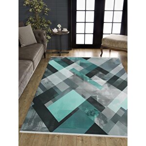 Pamuk Dokuma Taban Halı – Siyah; Gri; Yeşil – Geometrik Desen, Makinede Yıkanabilir, Kolay Temizlenebilir, Toz Ve Tüy Tutmaz, Kaymaz, Evcil Hayvan Dostu 200x270 cm