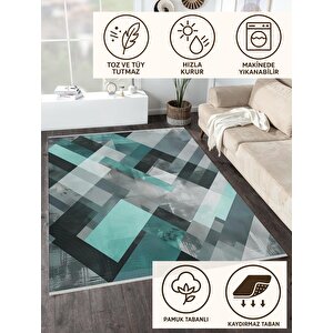 Pamuk Dokuma Taban Halı – Siyah; Gri; Yeşil – Geometrik Desen, Makinede Yıkanabilir, Kolay Temizlenebilir, Toz Ve Tüy Tutmaz, Kaymaz, Evcil Hayvan Dostu 80x80 cm