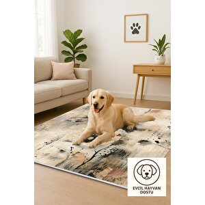 Oturma Odası Halısı – Bej; Siyah – Çiçekli Desen, Makinede Yıkanabilir, Kolay Temizlenebilir, Toz Ve Tüy Tutmaz, Kaymaz, Evcil Hayvan Dostu 200x220 cm