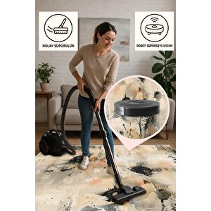 Oturma Odası Halısı – Bej; Siyah – Çiçekli Desen, Makinede Yıkanabilir, Kolay Temizlenebilir, Toz Ve Tüy Tutmaz, Kaymaz, Evcil Hayvan Dostu