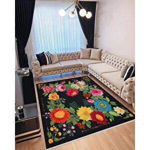 Mutfak Halısı – Siyah; Kırmızı; Sarı; Mavi; Yeşil; Pembe – Çiçekli Desen, Makinede Yıkanabilir, Kolay Temizlenebilir, Toz Ve Tüy Tutmaz, Kaymaz, Evcil Hayvan Dostu 100x100 cm