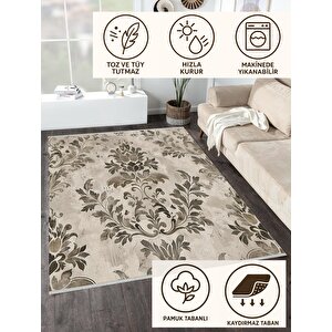 Pamuk Dokuma Taban Halı – Krem; Kahverengi – Damask Desen, Eskitilmiş Görünümlü Tasarım, Makinede Yıkanabilir, Kolay Temizlenebilir, Toz Ve Tüy Tutmaz, Kaymaz, Evcil Hayvan Dostu