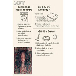 Oturma Odası Halısı – Koyu Yeşil; Kırmızı – Sanatsal Portre Desen, Makinede Yıkanabilir, Kolay Temizlenebilir, Toz Ve Tüy Tutmaz, Kaymaz, Evcil Hayvan Dostu
