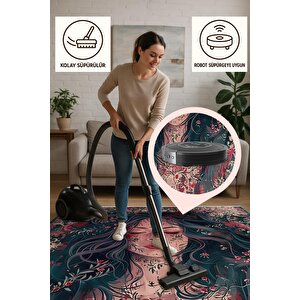 Oturma Odası Halısı – Koyu Yeşil; Kırmızı – Sanatsal Portre Desen, Makinede Yıkanabilir, Kolay Temizlenebilir, Toz Ve Tüy Tutmaz, Kaymaz, Evcil Hayvan Dostu