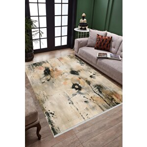 Oturma Odası Halısı – Bej; Siyah – Çiçekli Desen, Makinede Yıkanabilir, Kolay Temizlenebilir, Toz Ve Tüy Tutmaz, Kaymaz, Evcil Hayvan Dostu