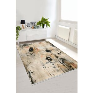 Oturma Odası Halısı – Bej; Siyah – Çiçekli Desen, Makinede Yıkanabilir, Kolay Temizlenebilir, Toz Ve Tüy Tutmaz, Kaymaz, Evcil Hayvan Dostu