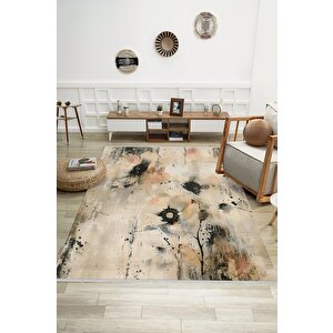 Oturma Odası Halısı – Bej; Siyah – Çiçekli Desen, Makinede Yıkanabilir, Kolay Temizlenebilir, Toz Ve Tüy Tutmaz, Kaymaz, Evcil Hayvan Dostu