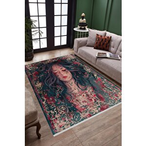 Oturma Odası Halısı – Koyu Yeşil; Kırmızı – Sanatsal Portre Desen, Makinede Yıkanabilir, Kolay Temizlenebilir, Toz Ve Tüy Tutmaz, Kaymaz, Evcil Hayvan Dostu