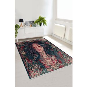 Oturma Odası Halısı – Koyu Yeşil; Kırmızı – Sanatsal Portre Desen, Makinede Yıkanabilir, Kolay Temizlenebilir, Toz Ve Tüy Tutmaz, Kaymaz, Evcil Hayvan Dostu