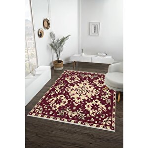 Pamuk Dokuma Taban Halı – Krem; Kırmızı – Geleneksel Desen, Makinede Yıkanabilir, Kolay Temizlenebilir, Toz Ve Tüy Tutmaz, Kaymaz, Evcil Hayvan Dostu