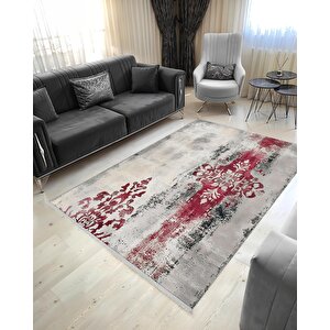 Pamuk Dokuma Taban Halı – Gri; Kırmızı – Damask Desen, Makinede Yıkanabilir, Kolay Temizlenebilir, Toz Ve Tüy Tutmaz, Kaymaz, Evcil Hayvan Dostu