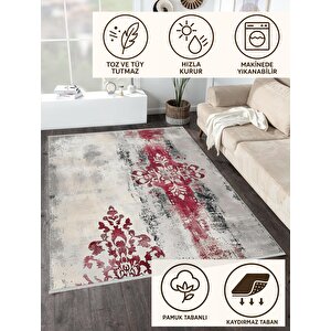 Pamuk Dokuma Taban Halı – Gri; Kırmızı – Damask Desen, Makinede Yıkanabilir, Kolay Temizlenebilir, Toz Ve Tüy Tutmaz, Kaymaz, Evcil Hayvan Dostu