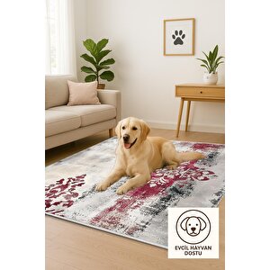 Pamuk Dokuma Taban Halı – Gri; Kırmızı – Damask Desen, Makinede Yıkanabilir, Kolay Temizlenebilir, Toz Ve Tüy Tutmaz, Kaymaz, Evcil Hayvan Dostu