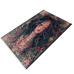 Oturma Odası Halısı – Koyu Yeşil; Kırmızı – Sanatsal Portre Desen, Makinede Yıkanabilir, Kolay Temizlenebilir, Toz Ve Tüy Tutmaz, Kaymaz, Evcil Hayvan Dostu