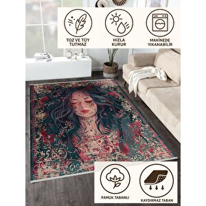 Oturma Odası Halısı – Koyu Yeşil; Kırmızı – Sanatsal Portre Desen, Makinede Yıkanabilir, Kolay Temizlenebilir, Toz Ve Tüy Tutmaz, Kaymaz, Evcil Hayvan Dostu