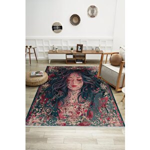 Oturma Odası Halısı – Koyu Yeşil; Kırmızı – Sanatsal Portre Desen, Makinede Yıkanabilir, Kolay Temizlenebilir, Toz Ve Tüy Tutmaz, Kaymaz, Evcil Hayvan Dostu