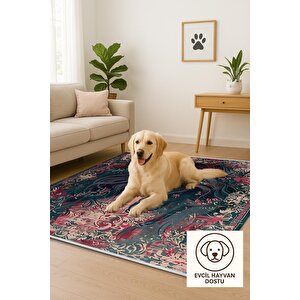 Oturma Odası Halısı – Koyu Yeşil; Kırmızı – Sanatsal Portre Desen, Makinede Yıkanabilir, Kolay Temizlenebilir, Toz Ve Tüy Tutmaz, Kaymaz, Evcil Hayvan Dostu