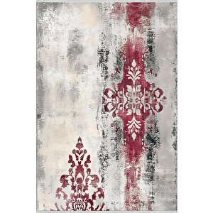 Pamuk Dokuma Taban Halı – Gri; Kırmızı – Damask Desen, Makinede Yıkanabilir, Kolay Temizlenebilir, Toz Ve Tüy Tutmaz, Kaymaz, Evcil Hayvan Dostu