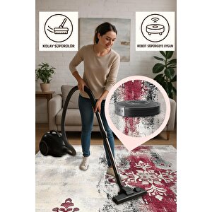 Pamuk Dokuma Taban Halı – Gri; Kırmızı – Damask Desen, Makinede Yıkanabilir, Kolay Temizlenebilir, Toz Ve Tüy Tutmaz, Kaymaz, Evcil Hayvan Dostu