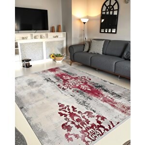 Pamuk Dokuma Taban Halı – Gri; Kırmızı – Damask Desen, Makinede Yıkanabilir, Kolay Temizlenebilir, Toz Ve Tüy Tutmaz, Kaymaz, Evcil Hayvan Dostu