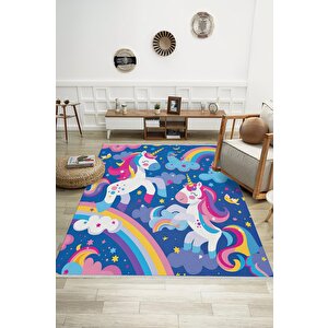 Oturma Odası Halısı – Mavi; Pembe – Unicorn Ve Gökkuşağı Desen, Makinede Yıkanabilir, Kolay Temizlenebilir, Toz Ve Tüy Tutmaz, Kaymaz, Evcil Hayvan Dostu