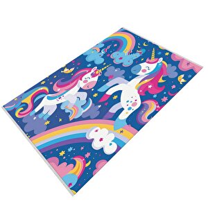 Oturma Odası Halısı – Mavi; Pembe – Unicorn Ve Gökkuşağı Desen, Makinede Yıkanabilir, Kolay Temizlenebilir, Toz Ve Tüy Tutmaz, Kaymaz, Evcil Hayvan Dostu
