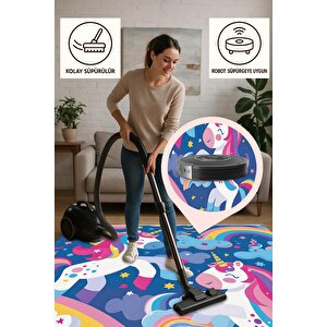 Oturma Odası Halısı – Mavi; Pembe – Unicorn Ve Gökkuşağı Desen, Makinede Yıkanabilir, Kolay Temizlenebilir, Toz Ve Tüy Tutmaz, Kaymaz, Evcil Hayvan Dostu