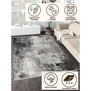 Pamuk Dokuma Taban Halı – Siyah; Gri; Krem – Soyut Desen, Eskitilmiş Görünümlü Tasarım, Makinede Yıkanabilir, Kolay Temizlenebilir, Toz Ve Tüy Tutmaz, Kaymaz, Evcil Hayvan Dostu
