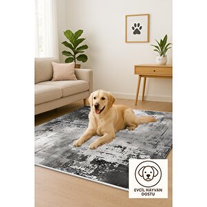 Pamuk Dokuma Taban Halı – Siyah; Gri; Krem – Soyut Desen, Eskitilmiş Görünümlü Tasarım, Makinede Yıkanabilir, Kolay Temizlenebilir, Toz Ve Tüy Tutmaz, Kaymaz, Evcil Hayvan Dostu