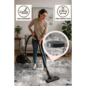 Pamuk Dokuma Taban Halı – Siyah; Gri; Krem – Soyut Desen, Eskitilmiş Görünümlü Tasarım, Makinede Yıkanabilir, Kolay Temizlenebilir, Toz Ve Tüy Tutmaz, Kaymaz, Evcil Hayvan Dostu