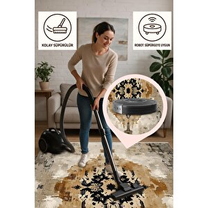 Pamuk Dokuma Taban Halı – Bej; Siyah; Kahverengi – Geleneksel Desen, Makinede Yıkanabilir, Kolay Temizlenebilir, Toz Ve Tüy Tutmaz, Kaymaz, Evcil Hayvan Dostu 180x270 cm