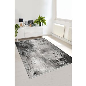 Pamuk Dokuma Taban Halı – Siyah; Gri; Krem – Soyut Desen, Eskitilmiş Görünümlü Tasarım, Makinede Yıkanabilir, Kolay Temizlenebilir, Toz Ve Tüy Tutmaz, Kaymaz, Evcil Hayvan Dostu