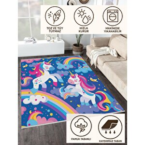 Oturma Odası Halısı – Mavi; Pembe – Unicorn Ve Gökkuşağı Desen, Makinede Yıkanabilir, Kolay Temizlenebilir, Toz Ve Tüy Tutmaz, Kaymaz, Evcil Hayvan Dostu 80x150 cm