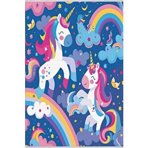 Oturma Odası Halısı – Mavi; Pembe – Unicorn Ve Gökkuşağı Desen, Makinede Yıkanabilir, Kolay Temizlenebilir, Toz Ve Tüy Tutmaz, Kaymaz, Evcil Hayvan Dostu 200x220 cm