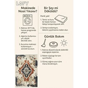 Mutfak Halısı – Lacivert; Kiremit; Bej – Eskitilmiş Görünümlü Oriental Desen, Makinede Yıkanabilir, Kolay Temizlenebilir, Toz Ve Tüy Tutmaz, Kaymaz, Evcil Hayvan Dostu