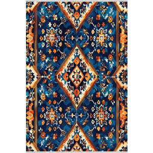 Oturma Odası Halısı – Mavi; Turuncu; Beyaz – Geometric Desen, Makinede Yıkanabilir, Kolay Temizlenebilir, Toz Ve Tüy Tutmaz, Kaymaz, Evcil Hayvan Dostu 150x240 cm
